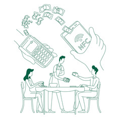 Poster - electronic wallet benefit, e-payment thin line concept vector illustration. person paying bill with 