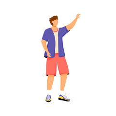 Wall Mural - Man in casual clothes flat color vector faceless character. Guy raising hand up, young boy wearing summer clothing isolated cartoon illustration for web graphic design and animation