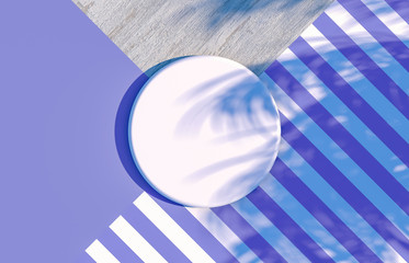 Leinwandbilder - Natural Empty white cylinder box on summer scene background with tropical palm leaves. for cosmetic product display. Flat lay. Top view. 3d render.