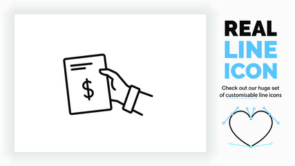 Editable line icon of a person giving a document about money with his hand part of a huge set of customisable line icons and linear stick figures! 