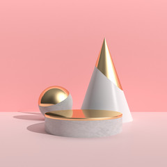 Poster - Minimal abstract scene with geometry object and round podium, gold texture on pink background, Architectural design with shade and shadow . 3D rendering.