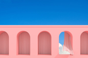 Wall Mural - Minimal abstract building with arch window and flow curtain on blue sky background, Architectural design with shade and shadow on pink texture. 3D rendering.