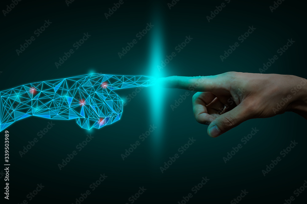 a human hand touching with digital hand, digital transformation  concept - obrazy, fototapety, plakaty 