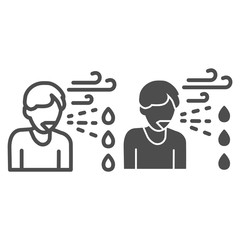 Poster - Man sneezes or coughs line and solid icon. Person sprays virus in air around outline style pictogram on white background. Sputum corona virus spread for mobile concept and web design. Vector graphics.