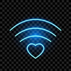 Neon wifi sign with heart, vector illustration.