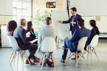 Wall Mural - Thoughtful speaker pointing at whiteboard. Group of employees discussing ideas during presentation of new project at briefing. Business meeting concept