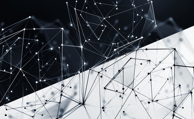 Aufkleber - Black-white interior poster. Polygonal network and high tech 3D illustration. Border of two worlds and artificial intelligence