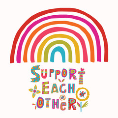 Wall Mural - 
Support each other rainbow corona virus motivation poster. Social media covid 19 infographic. Together we will get through this. Pandemic community support quote message. Hopeful emotion sticker