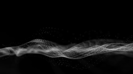 Wave with the connection of points and lines on a polygonal dark background. Futuristic abstract mesh. 3D rendering.