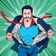 Mustache Superhero Style Open Clothing Male businessman Pop Art Retro Vector Illustration