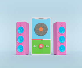 Aufkleber - music, audio Player interface with loading bar and additional buttons on a smartphone and speakers. minimal concept. 3d rendering