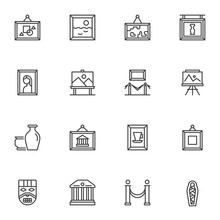Museum Exhibits Line Icons Set. Art Gallery Linear Style Symbols Collection, Outline Signs Pack. Vector Graphics. Set Includes Icons As Paintings, Ancient Vases, Museum Building, Mummy, Face Mask