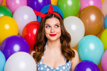 Close Up Photo Positive Cheerful Girl Imagine Her Ideal Perfect Funky Anniversary Occasion Look Copyspace Wear Blue Polka-dot Dress Tank-top Air Helium Balls Baloons Background