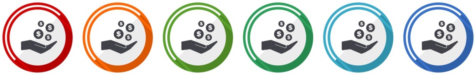 Poster - Money, cash icon set, flat design vector illustration in 6 colors options for webdesign and mobile applications
