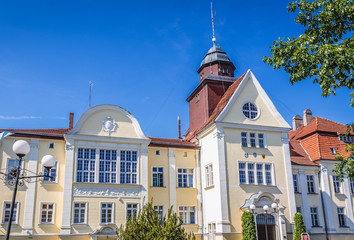 Poster - Front view of City Hall building in Tuchola town, Poland