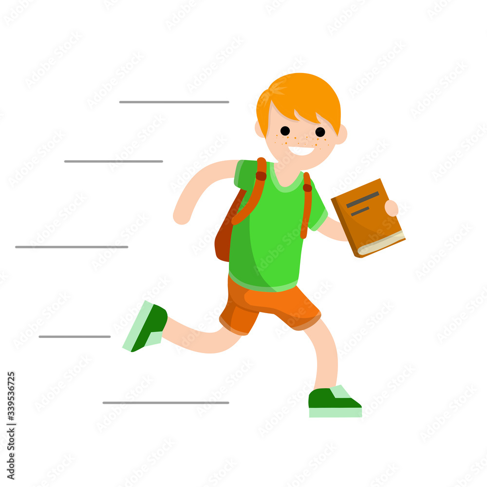 Boy run with book. Student goes to school. Student with backpack is ...