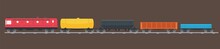 Freight Train On Tracks. Locomotive Pulling Various Types Of Railroad Cars. Goods Wagons Being Transported Vector Illustration.