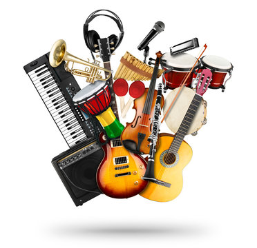 stack pile collage of various musical instruments. electric guitar violin piano keyboard bongo drums