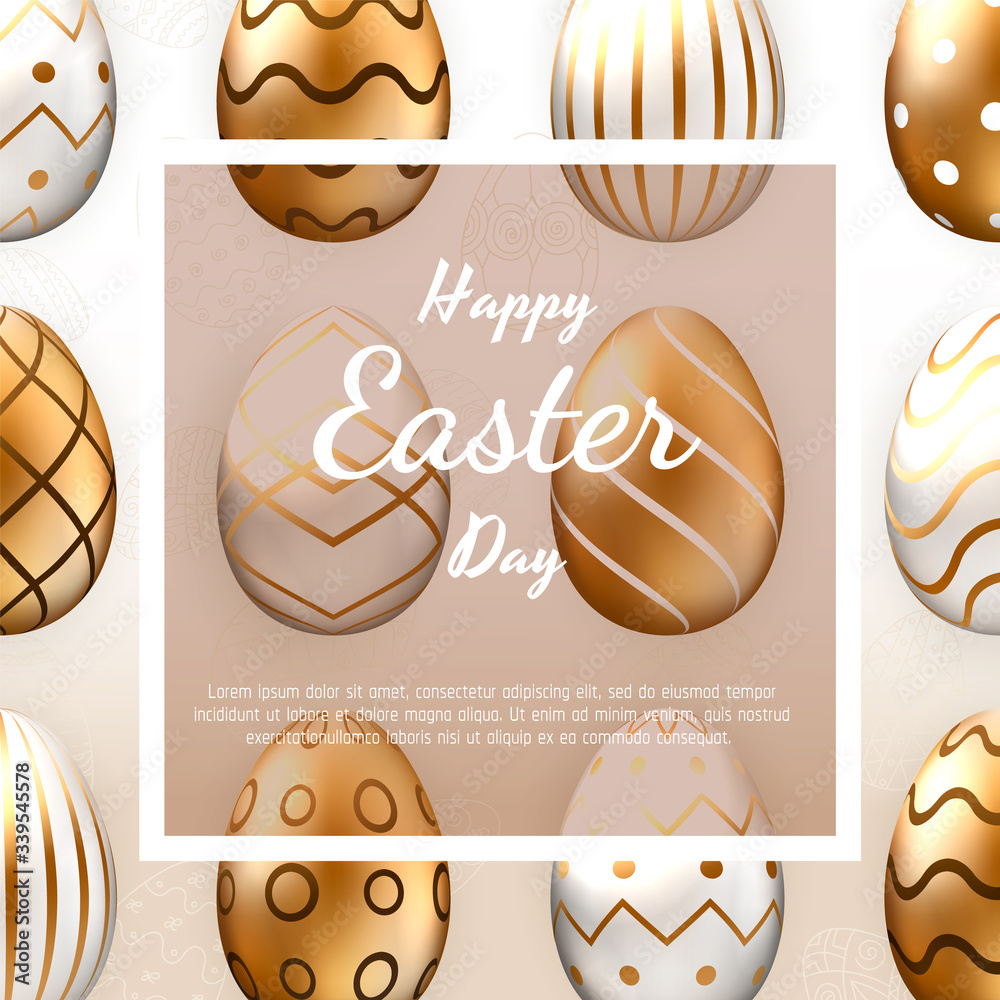 Easter card with square frame, realistic gold ornate eggs on colorful modern geometric background. Vector illustration. Place for your text. - obrazy, fototapety, plakaty 