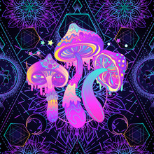 Psychedelic Seamless Pattern With Magic Mushrooms Over Sacred Geometry. Vector Repeating Illustration. Psychedelic Concept. Rave Party, Trance Music. Esoteric Art.