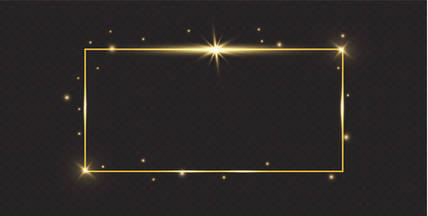 Poster - Golden frame with lights effects. Shining rectangle banner. Isolated on black transparent background. Vector illustration, eps 10