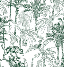 Seamless Pattern Palm Trees Jungle Lithograph Outline, Leopard, Parrots, Hoopoe Animals And Birds In Tropical Plants, Doodle Drawing Exotic Trees Blue On White Background