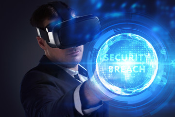 Business, Technology, Internet and network concept. Young businessman working on a virtual screen of the future and sees the inscription: Security breach