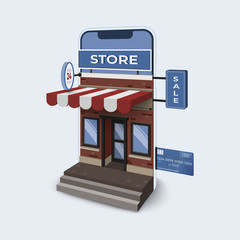 Poster - Online shopping with mobile application. Business digital marketing concept. Vector illustration