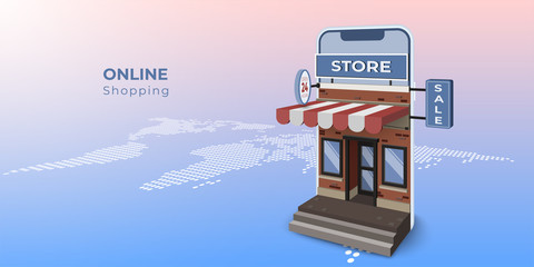 Poster - Online shopping with mobile application. Business digital marketing concept. Store building with smartphone on world map. 3d perspective vector illustration