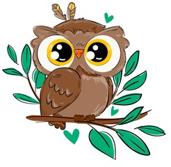 Wall Mural - Hand drawn cute owl sitting on a branch with foliage isolated on a white background. Bird vector illustration. Beautiful childish print design elements.