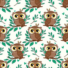 Wall Mural - Cute owl and leaves seamless pattern background. Beautiful childish print design element.