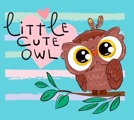 Wall Mural - Hand drawn cute owl. Bird vector illustration. Beautiful childish print. Little cute owl - handwriting. Pink Heart.