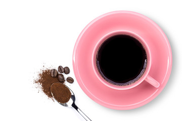 Wall Mural - Closeup pink cup of black coffee and   instant coffee powder in stainless teaspoon with coffe beans isolated on white background. Top view. Flat lay.