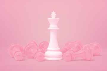 Wall Mural - 3d close-up rendering of white chess king standing among bright pink pawns which have fallen prone on yogurt pink background.