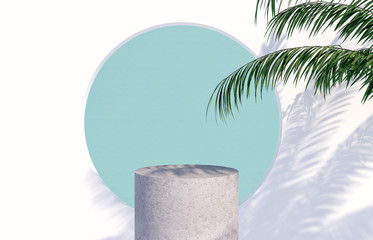 Fototapete - Natural beauty poduim backdrop with Stone texture and tropical palm tree leaves shadow for cosmetic product display.  3d rendering.