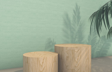 Leinwandbilder - Natural beauty poduim backdrop with Wood texture and tropical palm tree leaves shadow for cosmetic product display.  3d rendering.