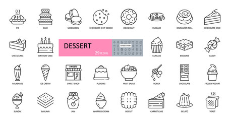 Vector set of dessert icons. Editable Stroke. Includes popular sweet dishes, pie, cake, cookies, ice cream, pancakes, milkshake, pudding, fruit salad, chocolate, yogurt, biscuit, chocolate, honey, jam