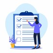 © Ismunandar - A positive business woman points in the direction marked by a checklist on whiteboard paper. Successfully complete business assignments. Flat vector illustration.