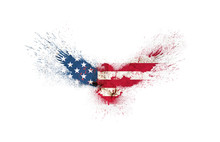Usa Grunge Flag In The Form Of A Silhouette Of A Flying Eagle With Spread Wings With Paint Splatters Isolated On A White. American Flag In A Shape Of A Silhouette Of A Flying Eagle With Paint Splash.