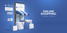The Concept Of Online Shopping On Social Media App. 3d Smartphone With Shopping Bag, Chat Message, Delivery, 24 Hours, And Like Icon. Suitable For Promotion Of Digital Stores, Web And Ad. Illustration