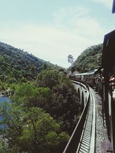 Train On Bridge Leading Towards Tree Mountains Against Sky
