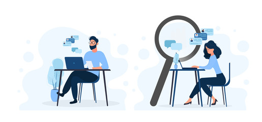 A set of people working on a computer. A girl and a guy are working on a laptop. Vacancy, resume. Suitable for registration on the topic of job search and workers. Isolated. Vector.