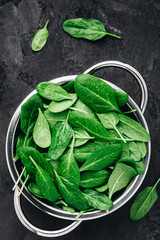 Canvas Print - Fresh green raw organic spinach leaves in colander on dark stone background.