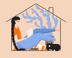 Vector illustration of girl with long braided hair reading at home with cat and hot tea. Social distancing concept. Self improvement and mental health concept.