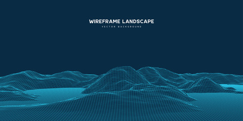 Digital wareframe landscape background. 3d futuristic technology vector illustration.