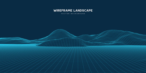 Digital wareframe landscape background. 3d futuristic technology vector illustration.