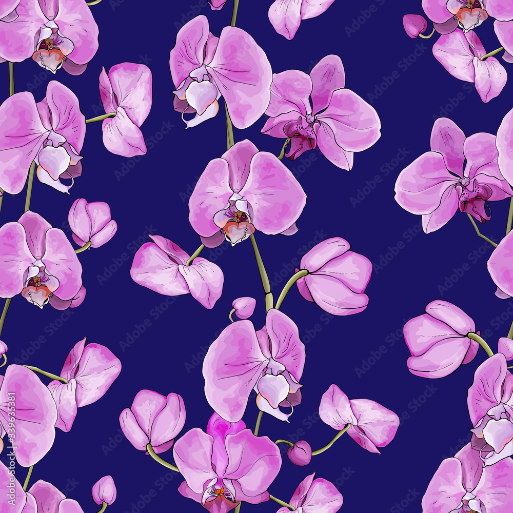 Seamless floral pattern with pink flowers orchids on blue background ...