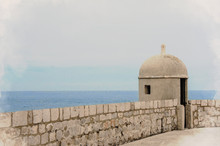 Watercolor Picture Effect Of Photo With View Of The Gun Turret On Dubrovnik City Walls And Sea In Croatia