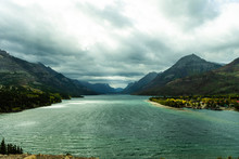 Nasty Day With Clouds At Waterton Lake And Mountains In Waterton National Park, Alberta, Canada