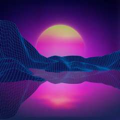 Wall Mural - retro background futuristic landscape 1980s style. digital retro landscape cyber surface. retro musi